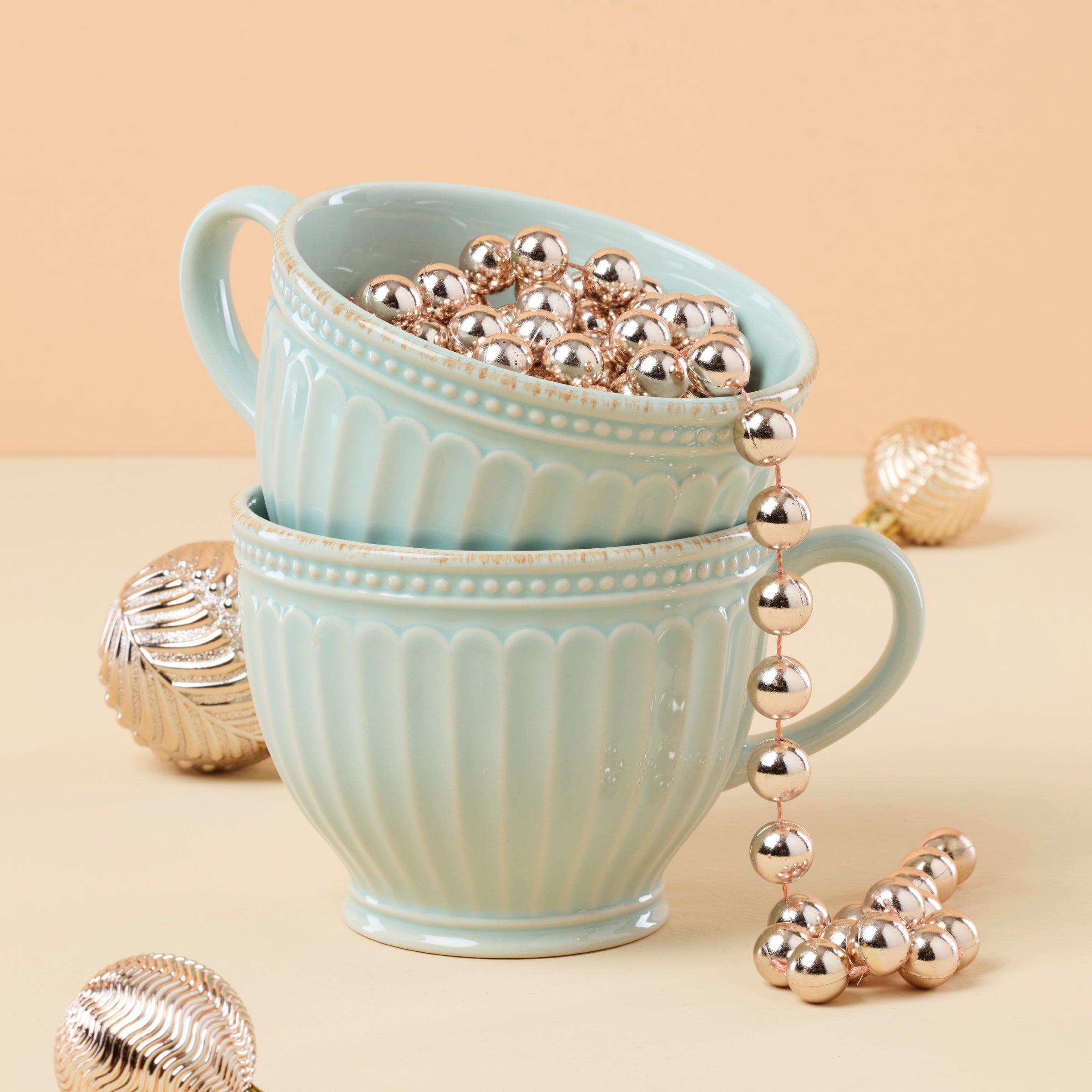 French Perle Groove Blue Latte Mugs - Set of 2 - Image 4
