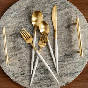 Mazzy Gold Satin White Pom Handle 20 Piece Flatware Set